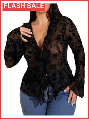 Plus Size Floral Lace Mesh Sheer Tie Front Going Out Top